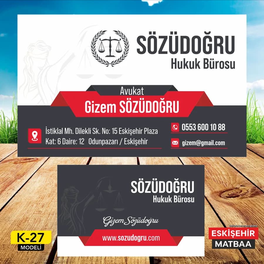Siyah Kırmızı Bantlı Avukat Kartviziti ön ve arka yüz tasarımı
