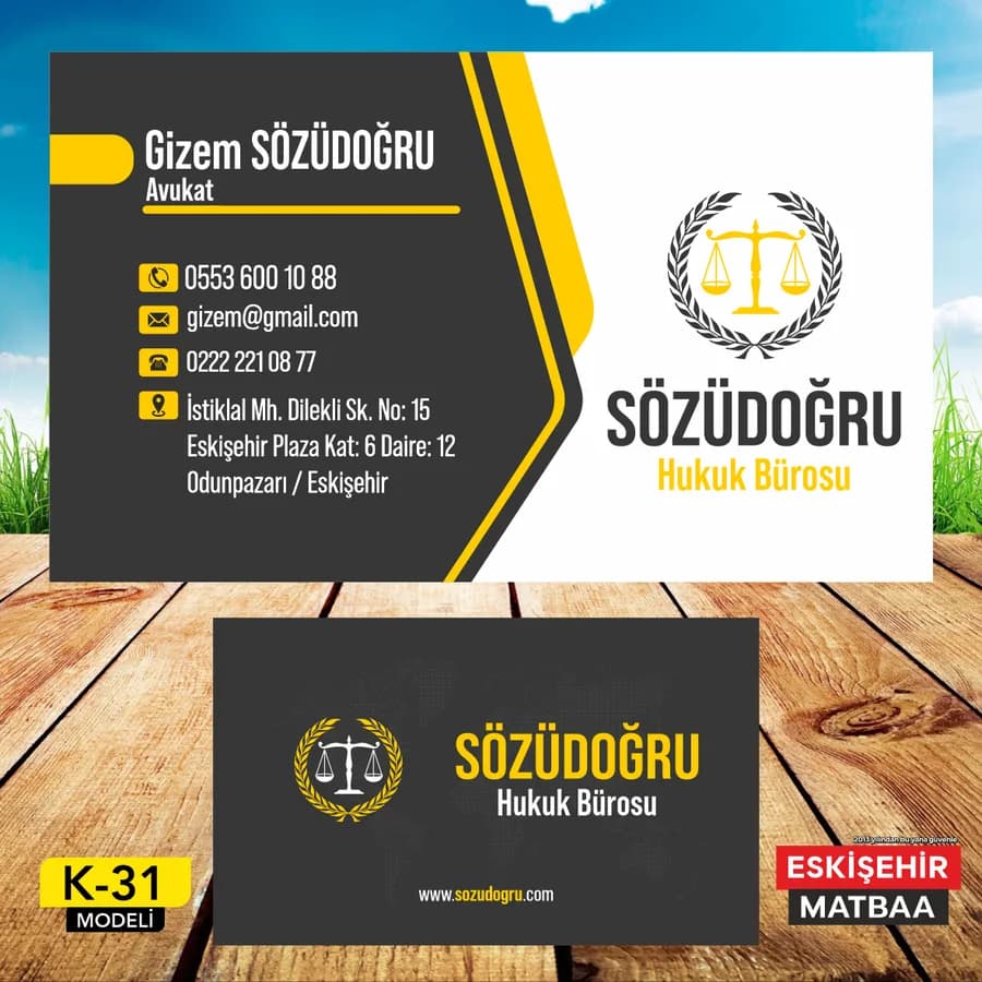 Siyah Sarı Dinamik Avukat Kartviziti ön ve arka yüz tasarımı