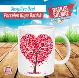 Kalp ağacı baskılı sevgiliye kupa bardak örneği