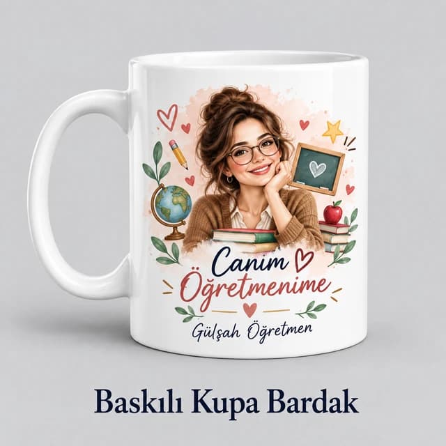 Öğretmene özel isimli baskılı kupa bardak örneği