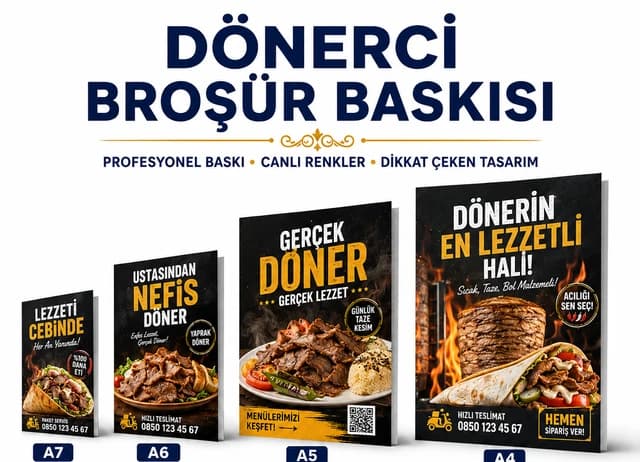 Dönerci broşür baskı örnekleri, A7, A6, A5 ve A4 ebat