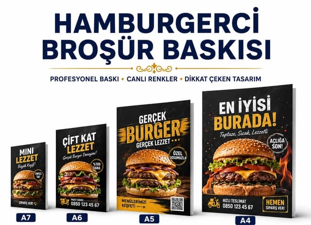 Hamburgerci broşür baskı örnekleri, A7, A6, A5 ve A4 ebat