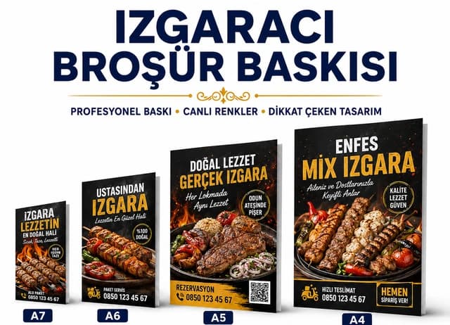 Izgaracı broşür baskı örnekleri, A7, A6, A5 ve A4 ebat