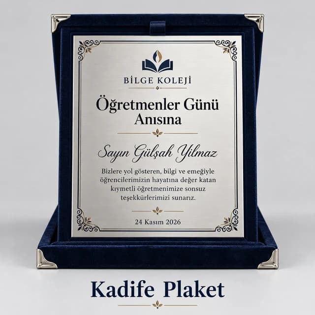 Öğretmenler Günü için lacivert kadife kutulu plaket örneği