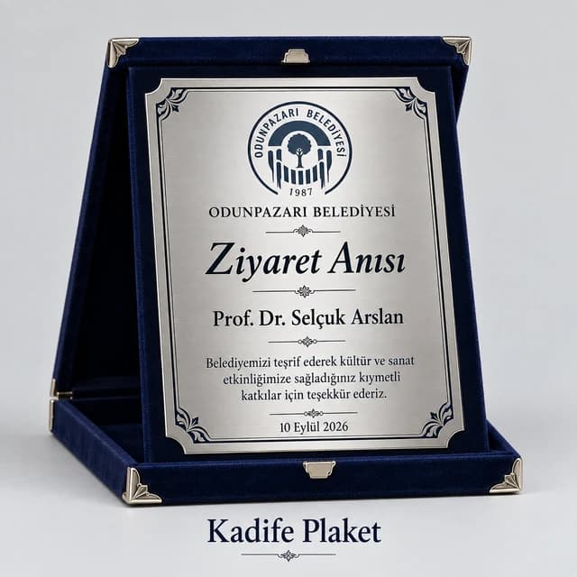 Lacivert kadife kutulu ziyaret anısı plaketi örneği