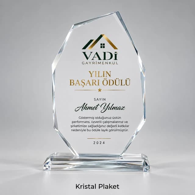 Yılın başarı ödülü için kristal plaket örneği