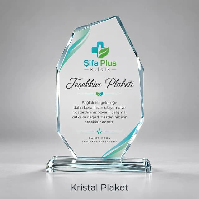Klinik için kristal teşekkür plaketi örneği