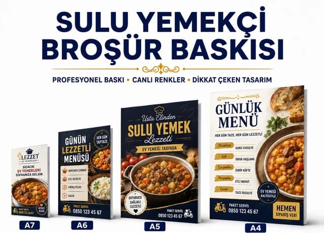 Sulu yemekçi broşür baskı örnekleri, A7, A6, A5 ve A4 ebat