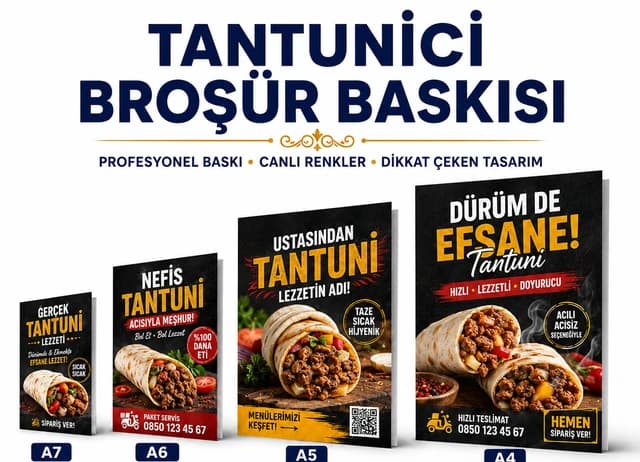 Tantunici broşür baskı örnekleri, A7, A6, A5 ve A4 ebat