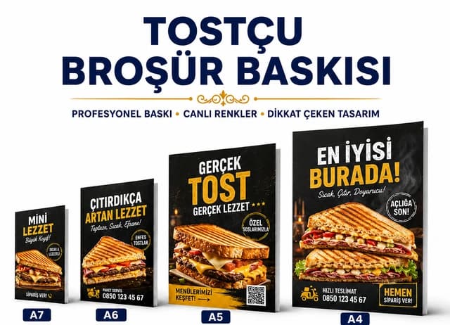 Tostçu broşür baskı örnekleri, A7, A6, A5 ve A4 ebat