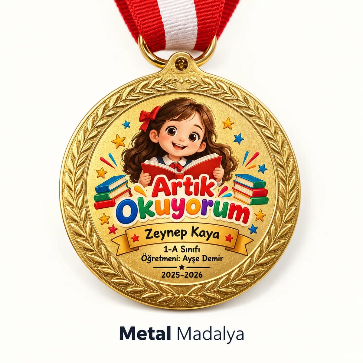 Artık Okuyorum yazılı, kitap okuyan kız çocuk çizimli altın renk öğrenci madalyası
