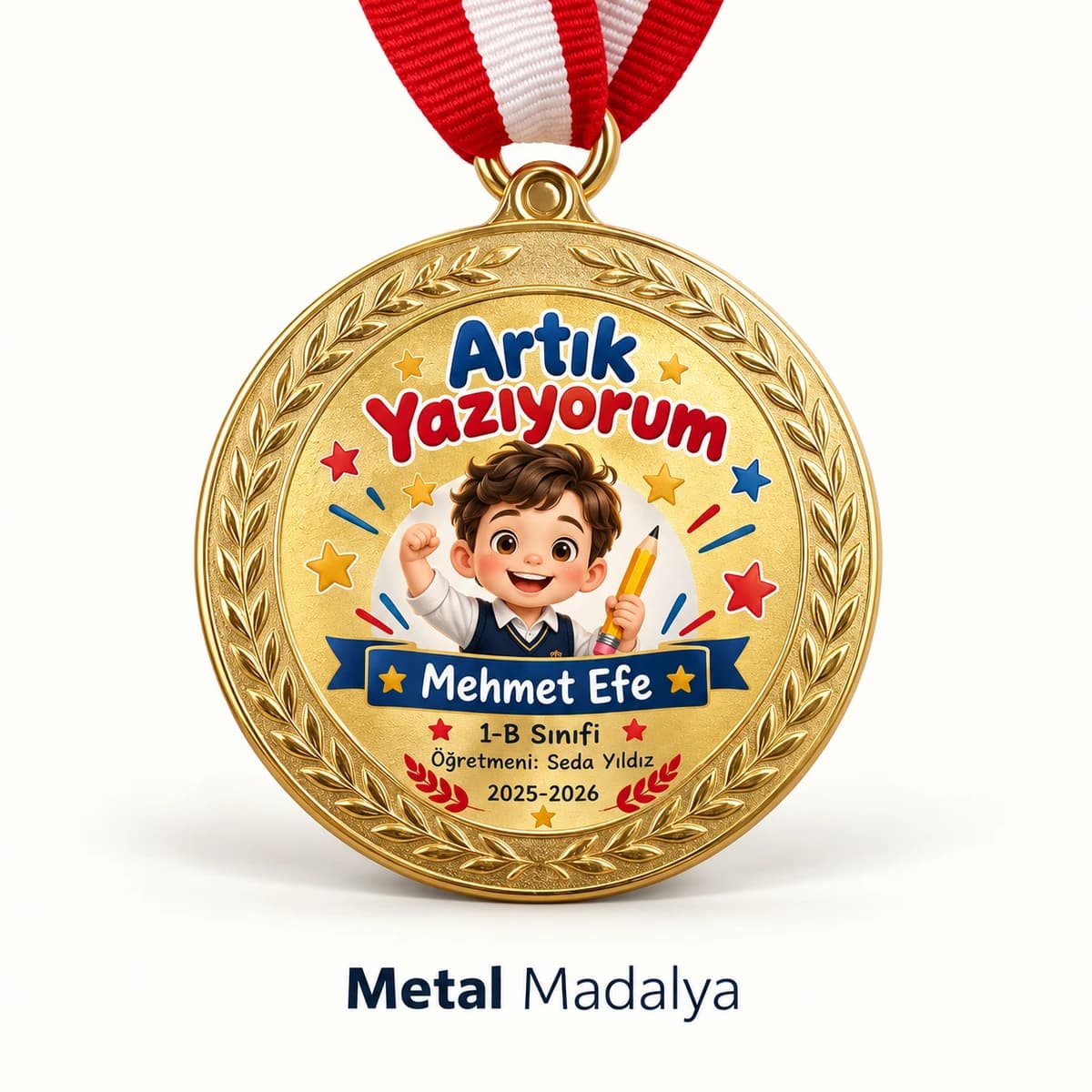 Artık Yazıyorum yazılı, elinde kalem tutan erkek çocuk çizimli altın renk öğrenci madalyası