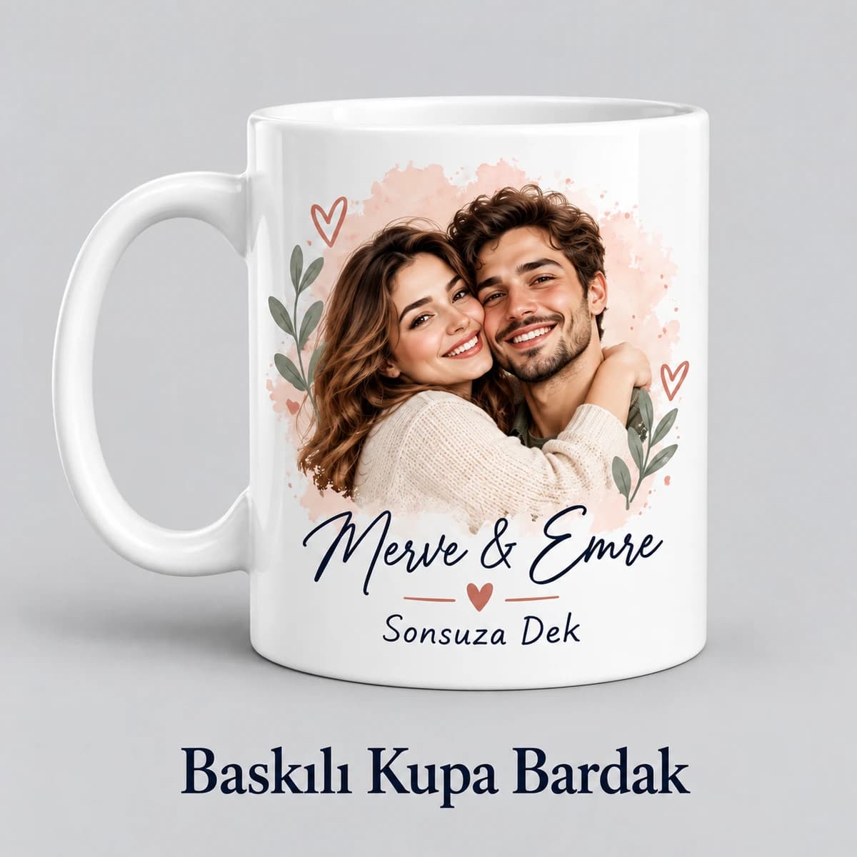 Sevgililere özel fotoğraflı baskılı kupa bardak örneği