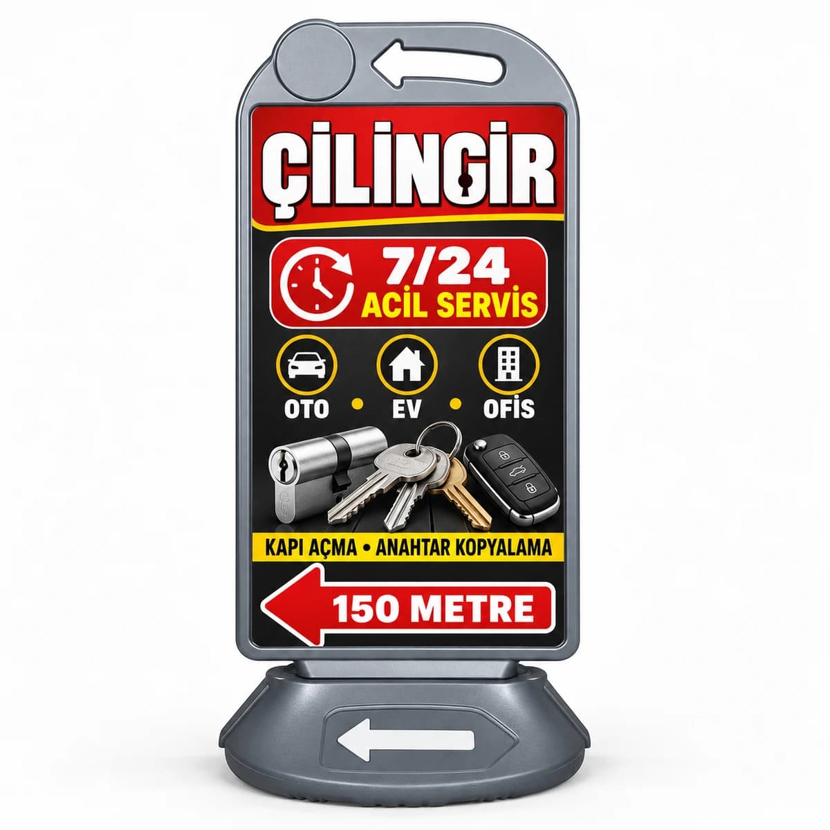 Çilingir için acil servis yazılı, anahtar görselli, mesafe ve sol yön oku baskılı reklam dubası