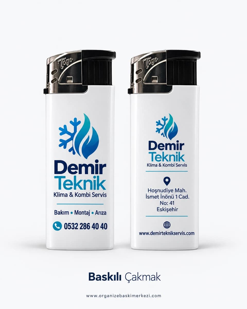 Klima ve kombi servisi için kar tanesi ve alev figürlü logo ile telefon basılı iki beyaz çakmak