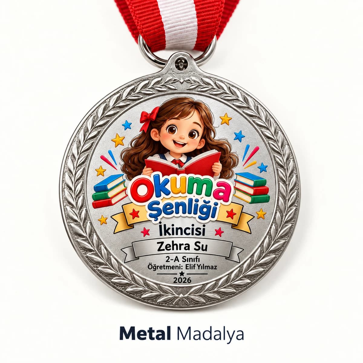 Okuma şenliği yazılı, kitap okuyan kız çocuk çizimli gümüş renk öğrenci madalyası