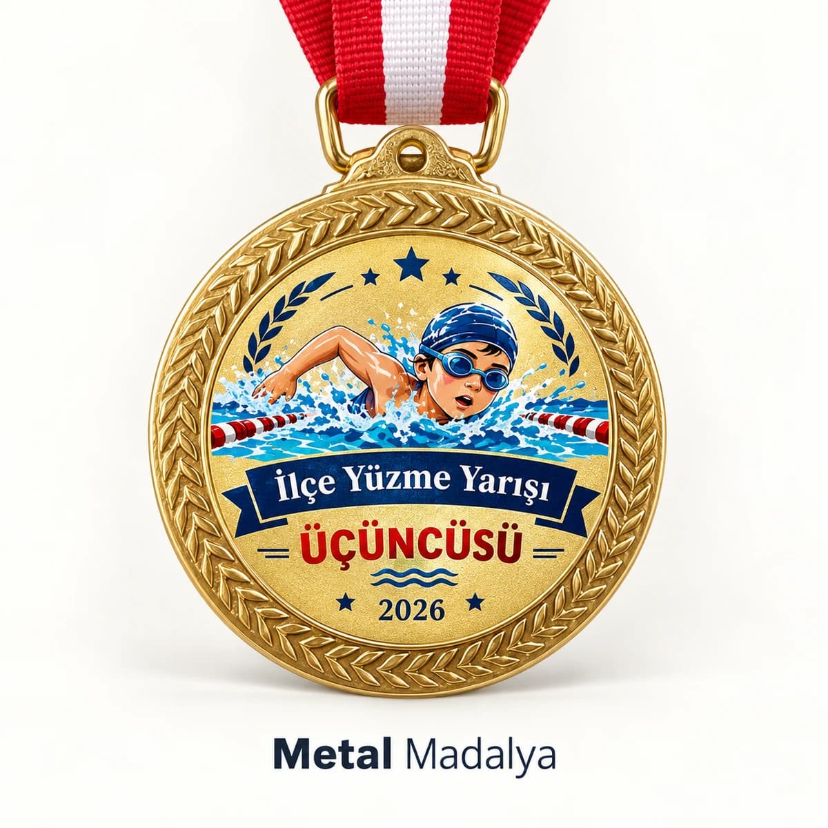 Yüzme yarışı için yüzücü çocuk çizimli, derece baskılı altın renk madalya