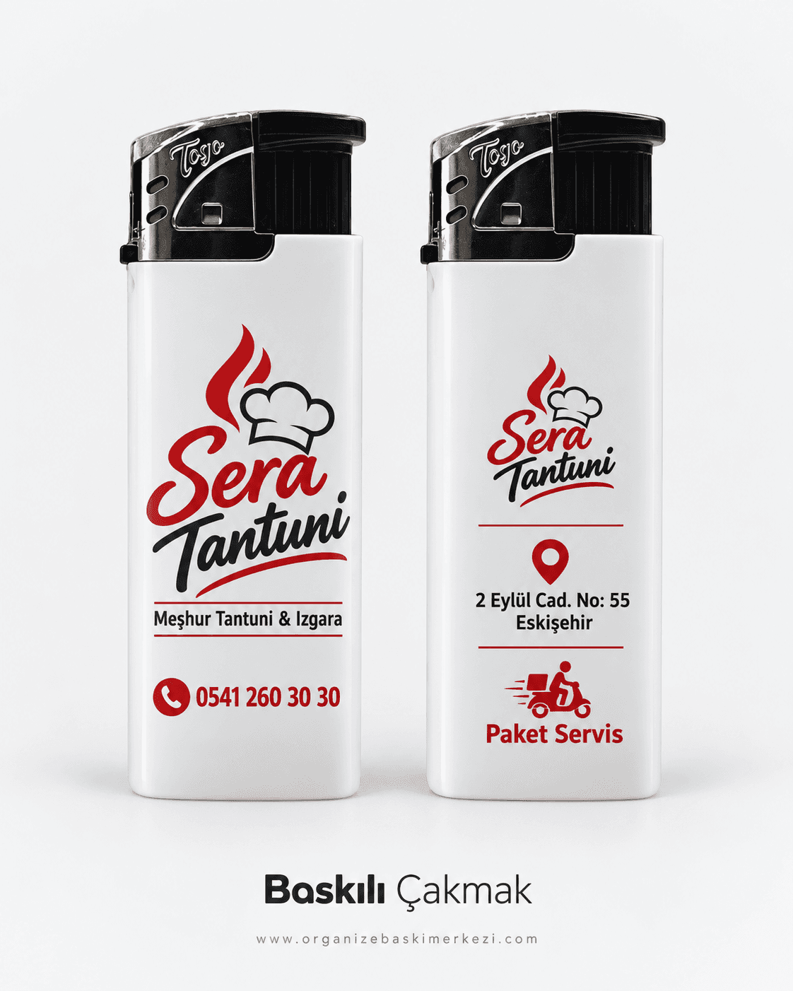Restoran logosu, telefon ve paket servis bilgisi basılı iki beyaz promosyon çakmak