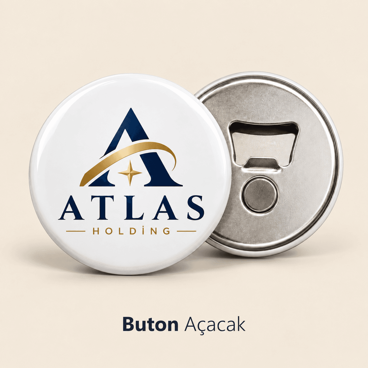Kurumsal logo baskılı beyaz buton açacak ve mıknatıslı metal arka yüzü