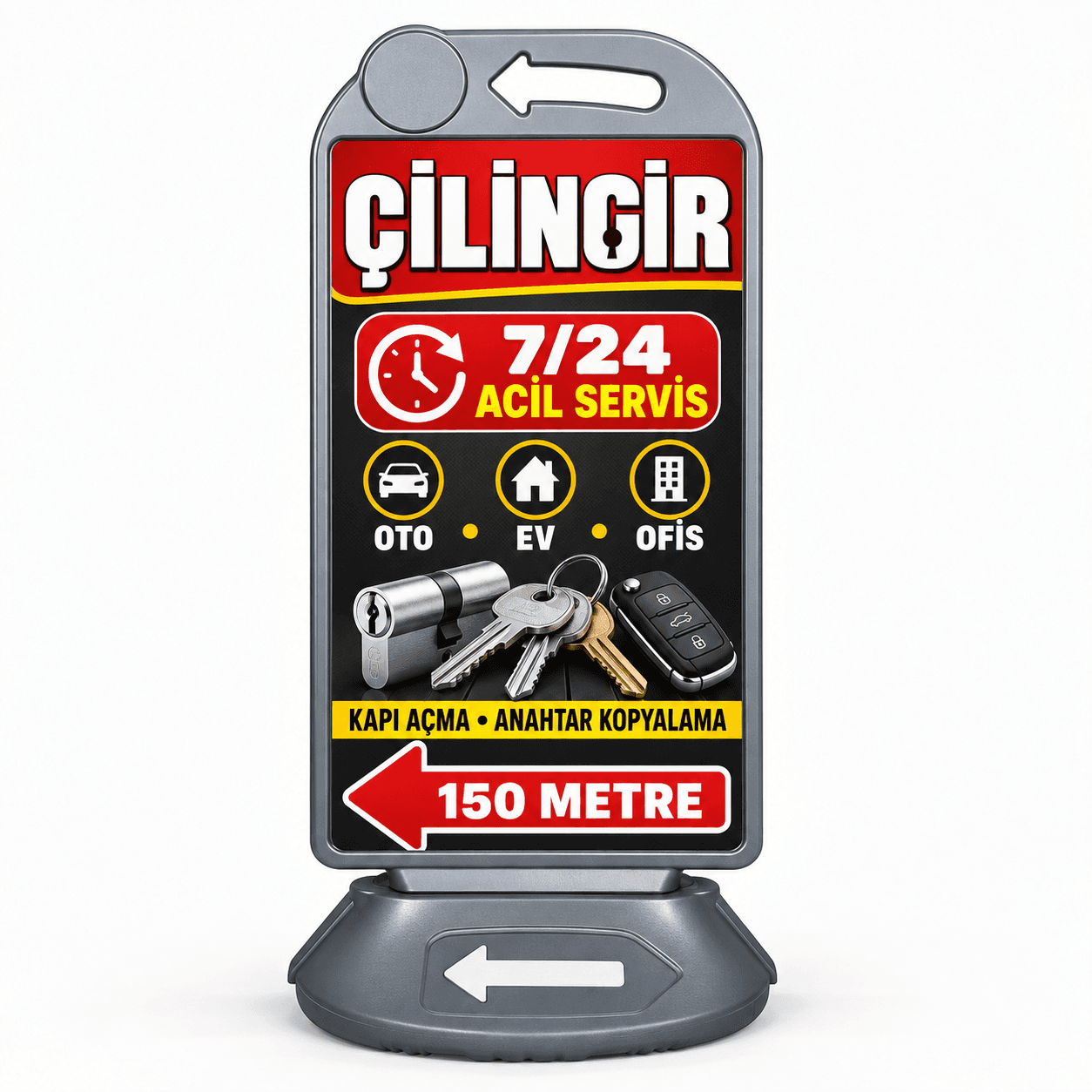 Çilingir için acil servis yazılı, anahtar görselli, mesafe ve sol yön oku baskılı reklam dubası
