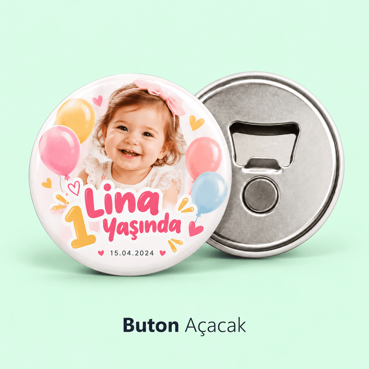 Doğum günü için bebek fotoğraflı, isim ve yaş yazılı balonlu buton açacak