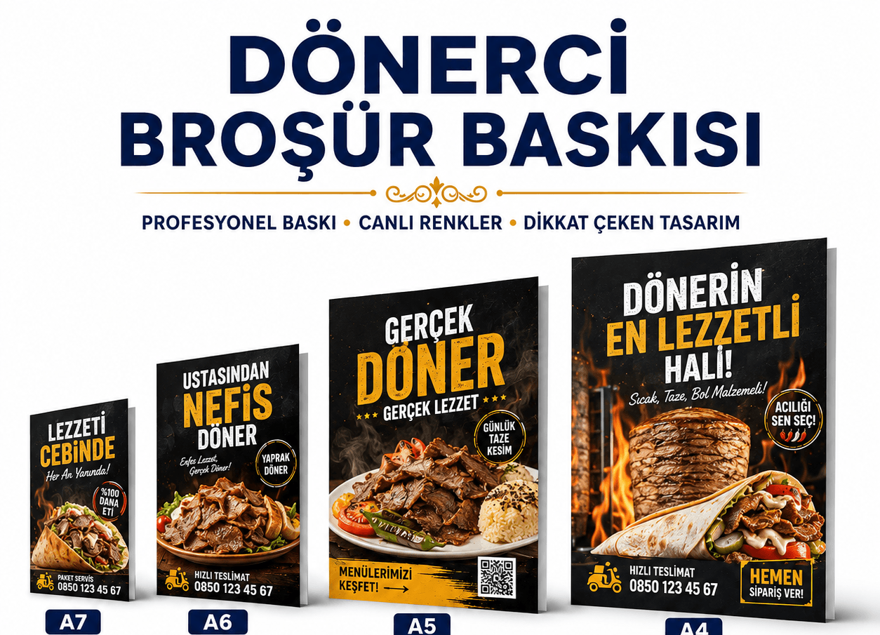 Dönerci broşür baskı örnekleri, A7, A6, A5 ve A4 ebat
