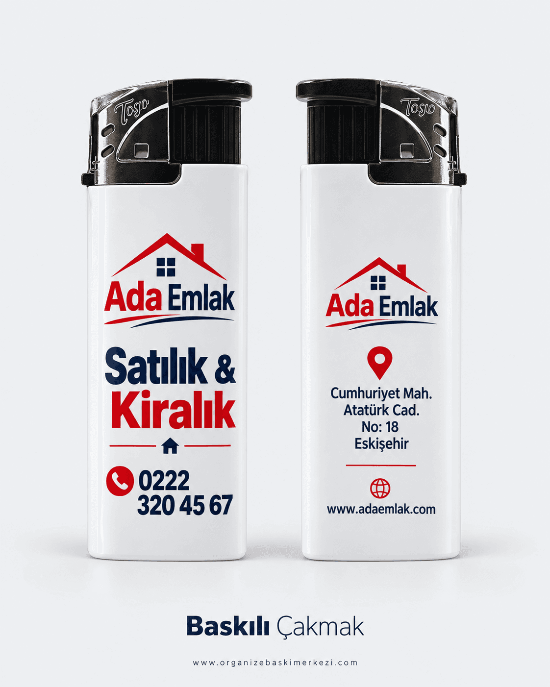 Emlak ofisi logosu, satılık ve kiralık yazısı ile telefon basılı iki beyaz çakmak