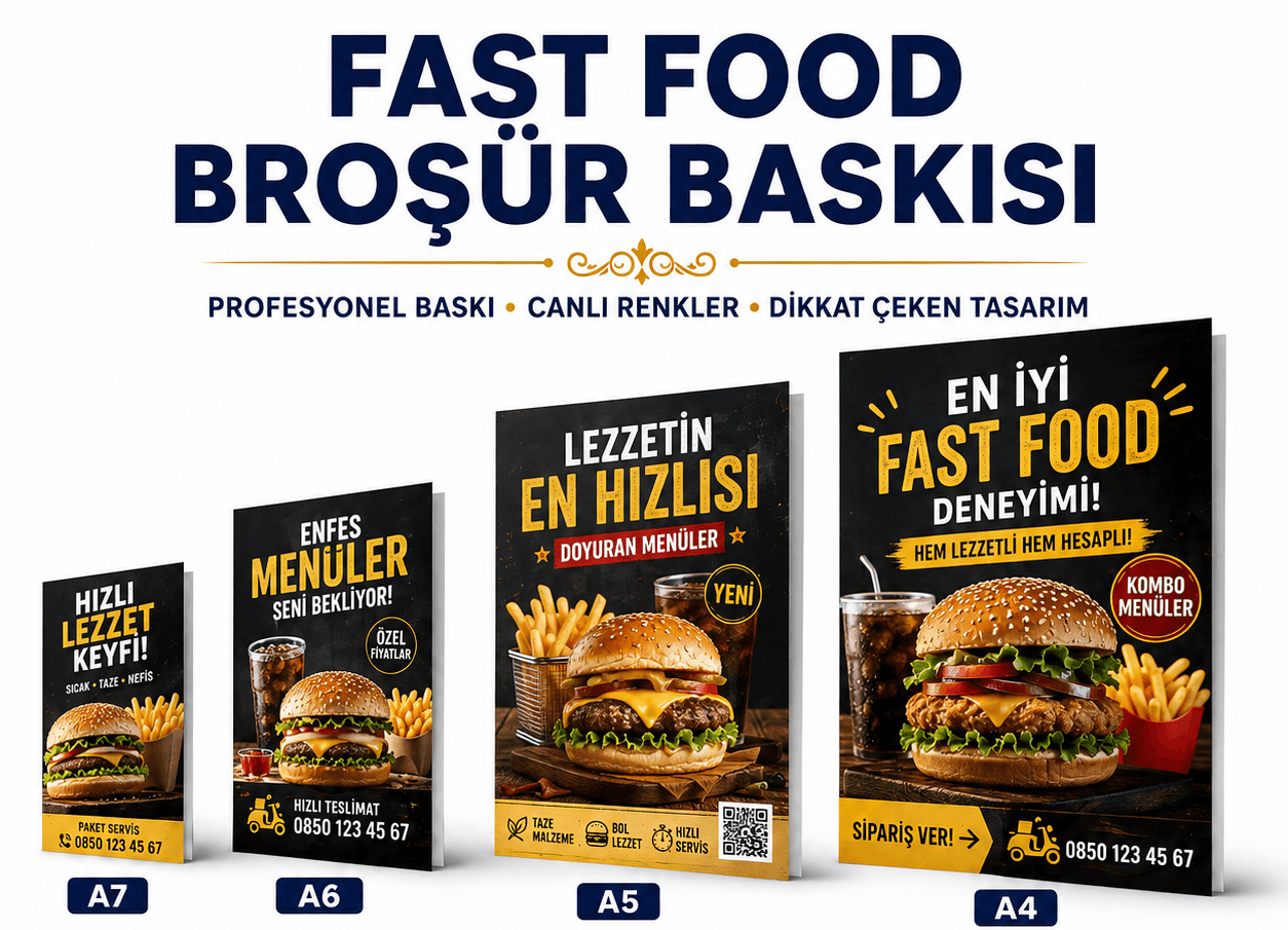 Fast food broşür baskı örnekleri, A7, A6, A5 ve A4 ebat