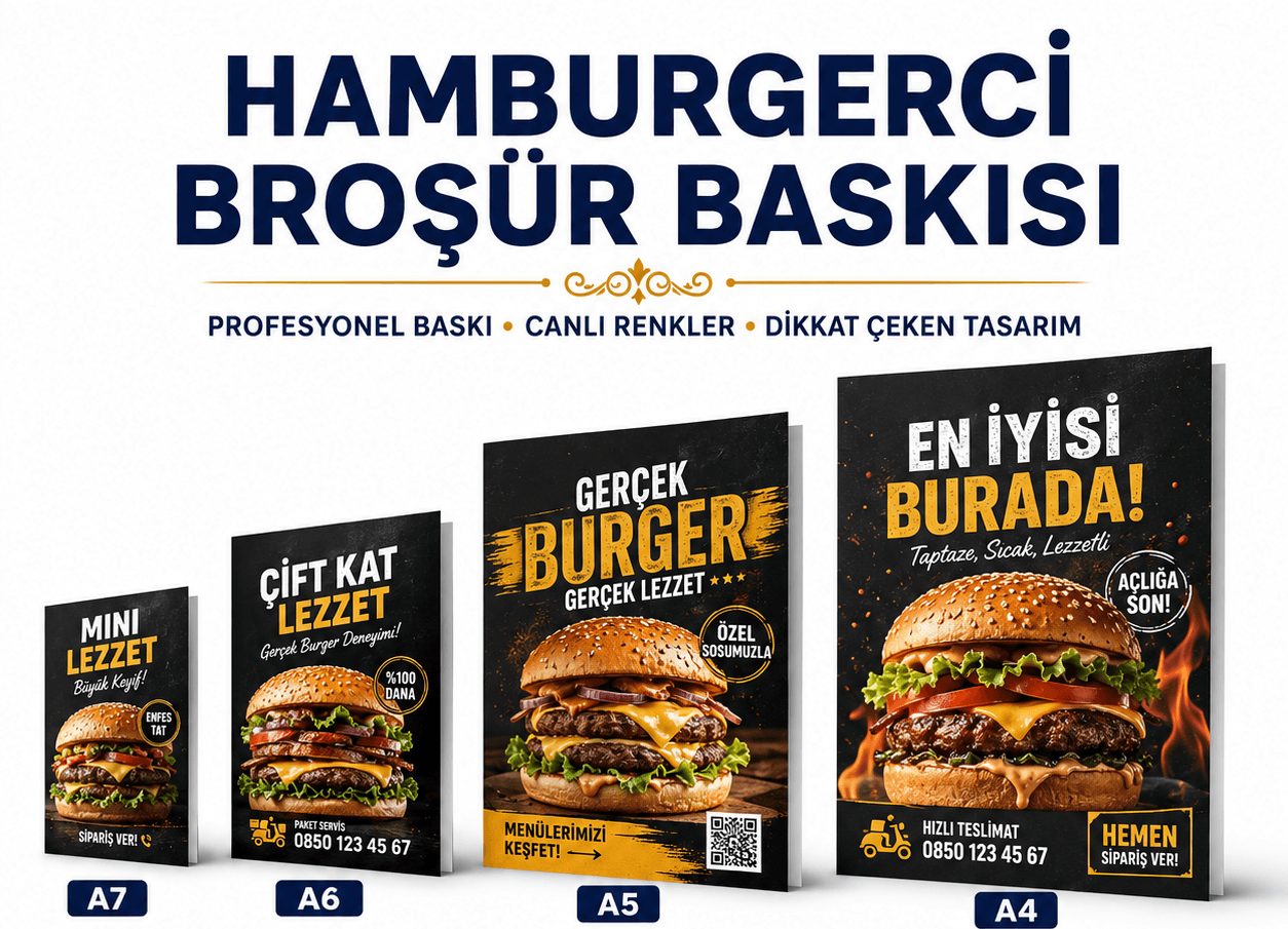 Hamburgerci broşür baskı örnekleri, A7, A6, A5 ve A4 ebat