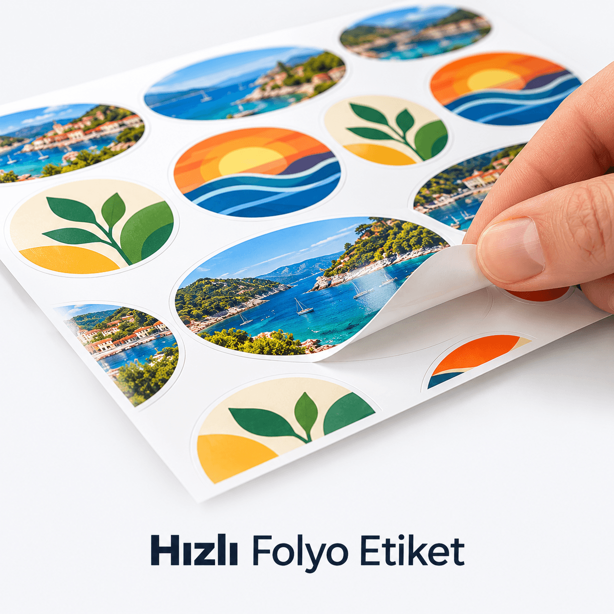 Tabakadan elle kaldırılan, manzara ve yaprak desenli yuvarlak kesim folyo etiketler