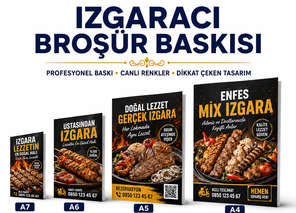 Izgaracı broşür baskı örnekleri, A7, A6, A5 ve A4 ebat