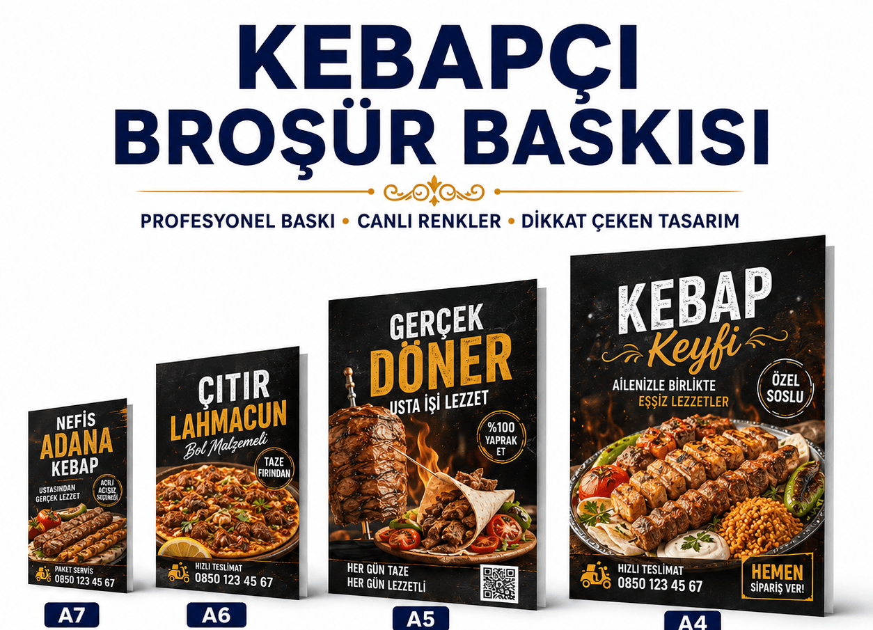 Kebapçı broşür baskı örnekleri, A7, A6, A5 ve A4 ebat