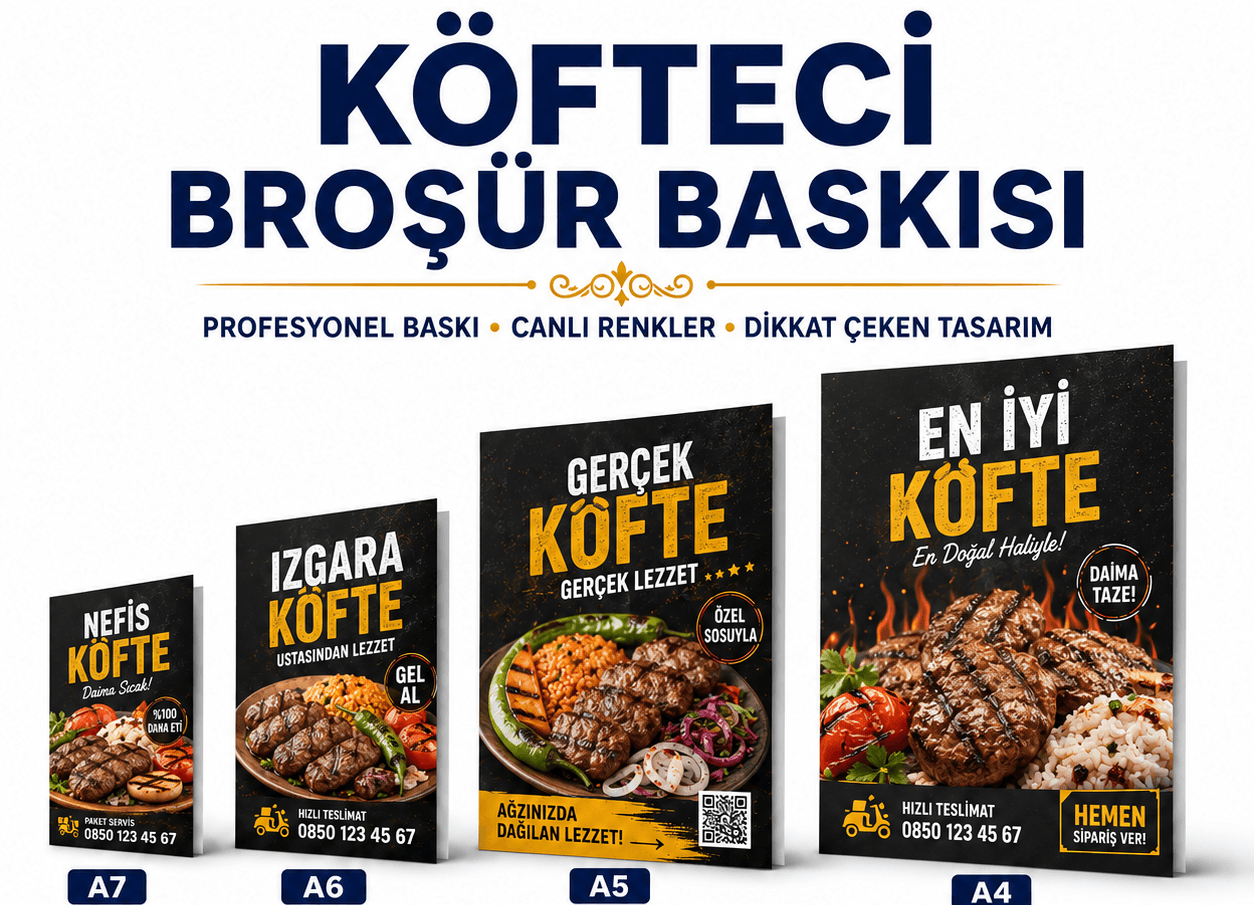 Köfteci broşür baskı örnekleri, A7, A6, A5 ve A4 ebat