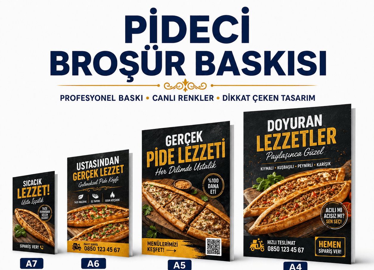 Pideci broşür baskı örnekleri, A7, A6, A5 ve A4 ebat