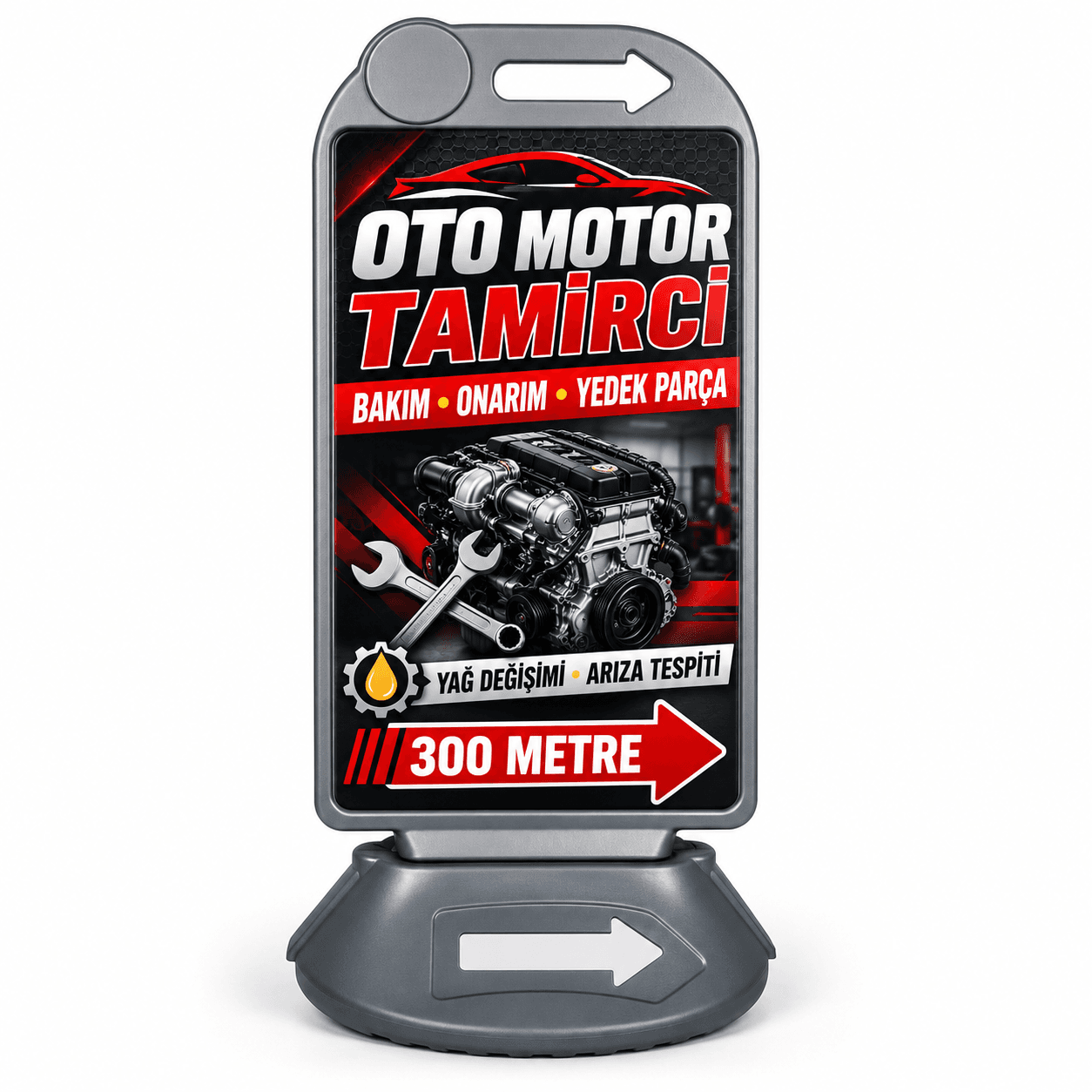 Oto motor tamircisi için hizmet bilgisi, mesafe ve sağ yön oku baskılı gri reklam dubası