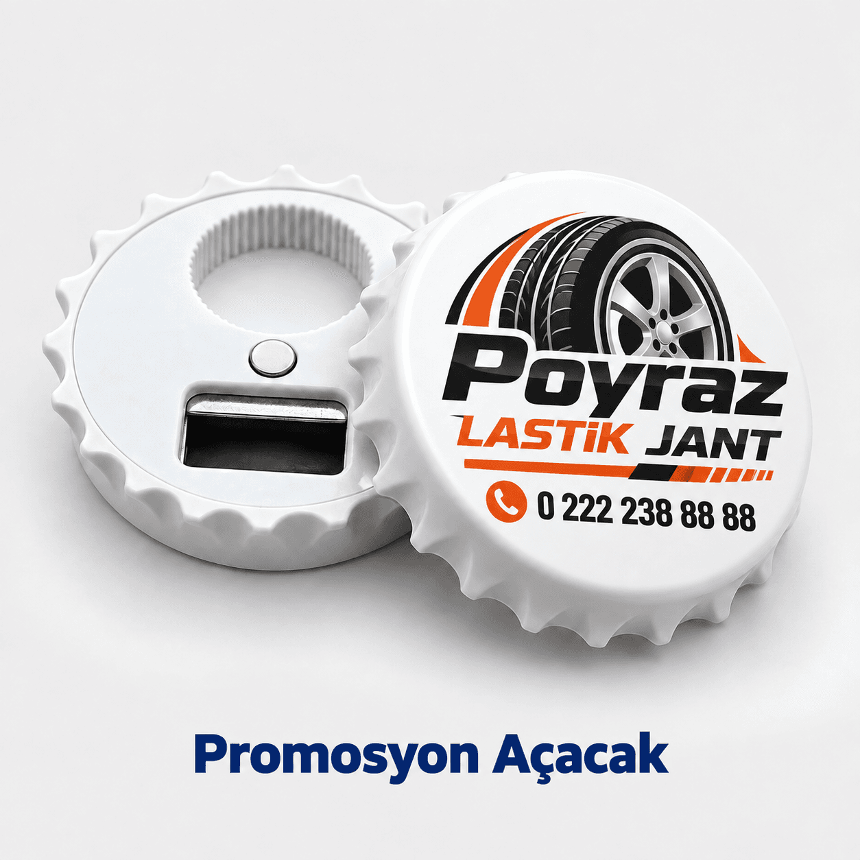 Şişe kapağı formunda, lastik ve jant firması logosu ile telefon basılı beyaz promosyon açacak