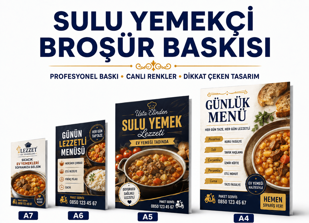 Sulu yemekçi broşür baskı örnekleri, A7, A6, A5 ve A4 ebat