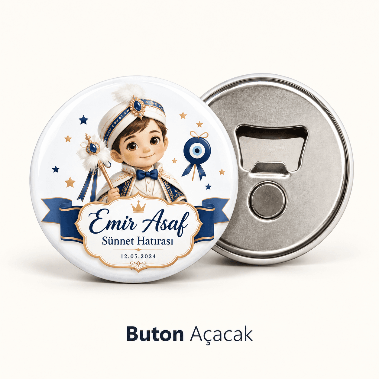 Sünnet hatırası için sünnet kıyafetli çocuk çizimli, isim ve tarih yazılı buton açacak