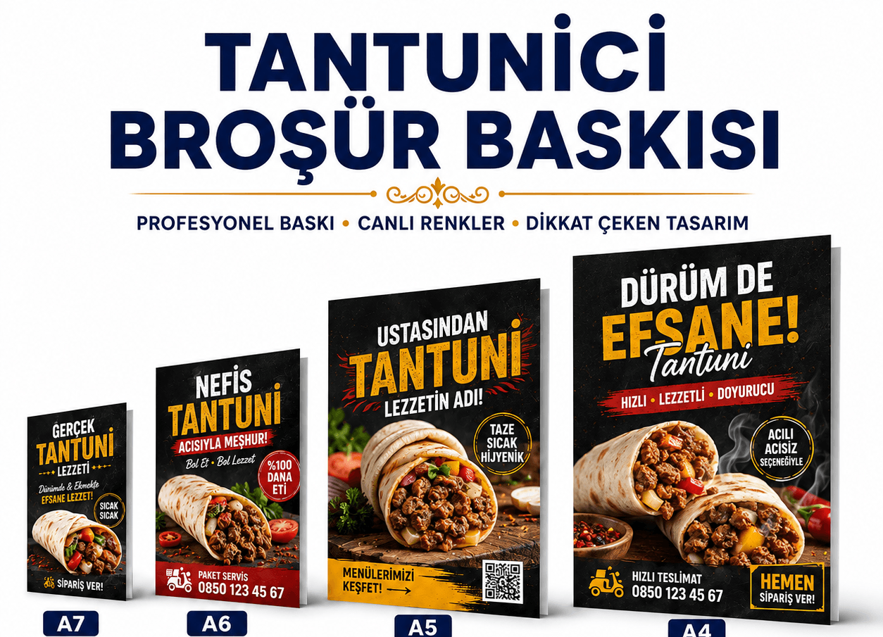 Tantunici broşür baskı örnekleri, A7, A6, A5 ve A4 ebat