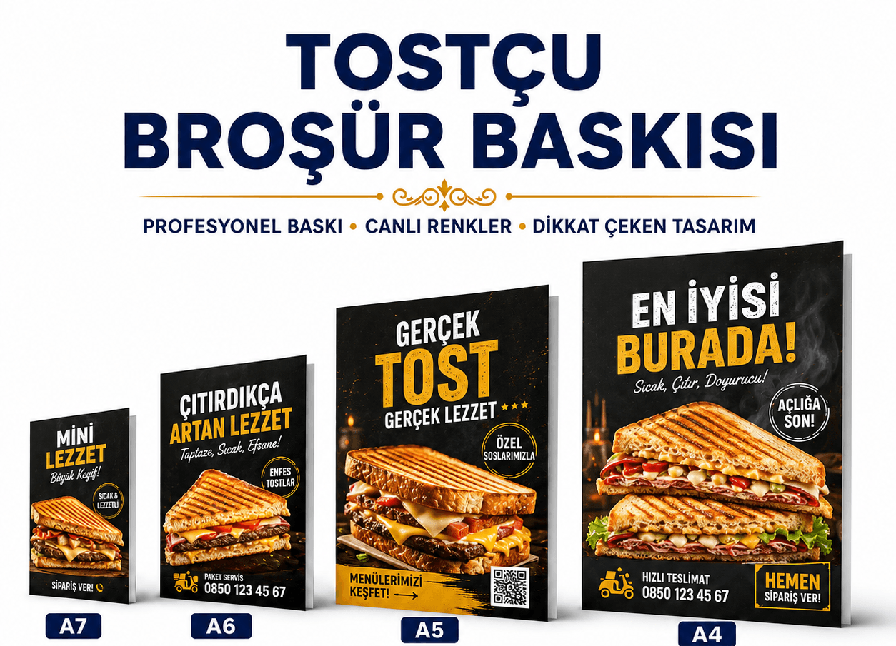 Tostçu broşür baskı örnekleri, A7, A6, A5 ve A4 ebat