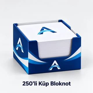 Dört yüzü lacivert baskılı kutuda 250 yapraklı küp bloknot