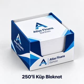 Kutu yüzlerinde ve ilk yaprağında logo bulunan reklamlı 250 yapraklı küp bloknot