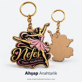 Dans akademisi için balerin figürlü, siyah pembe renkli baskılı ahşap anahtarlık