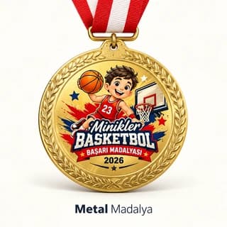 Minikler basketbol başarı madalyası, çocuk oyuncu çizimli altın renk