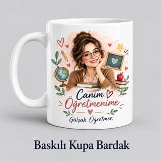 Öğretmene özel isimli baskılı kupa bardak örneği