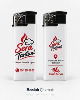 Restoran logosu, telefon ve paket servis bilgisi basılı iki beyaz promosyon çakmak
