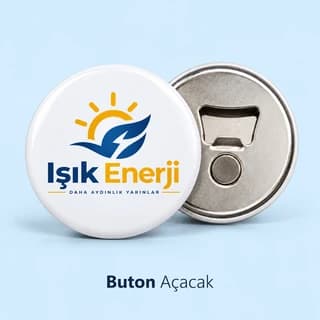 Enerji firması logosu ve sloganı baskılı buton açacak, arkasında şişe açacağı
