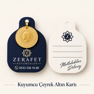 Üzerine çeyrek altın takılmış, kuyumcu logosu ve telefon yazılı lacivert altın kartı
