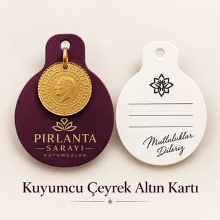Üzerine çeyrek altın takılmış, kuyumcu logolu mor altın kartı ve not satırlı beyaz arka yüzü