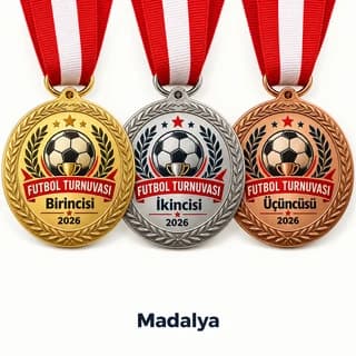 Futbol turnuvası için altın, gümüş ve bronz renk üçlü madalya seti